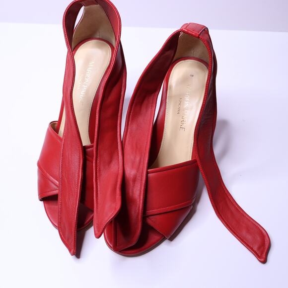 MARION PARKE Leather Ankle Tie Sandal Red Open Toe Blocked Heel Women's 38/US 8 - Picture 10 of 10